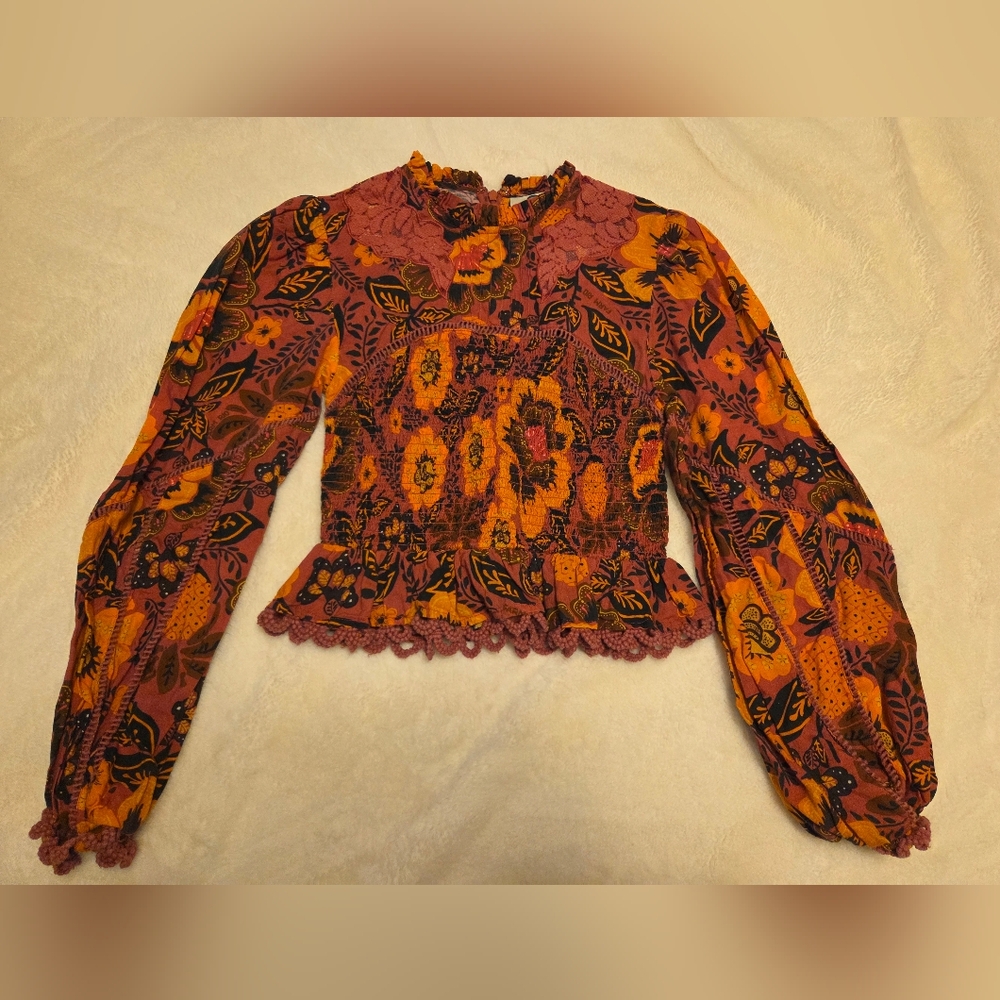 Farm Rio Blush Garden Bloom Smocked Blouse, XS